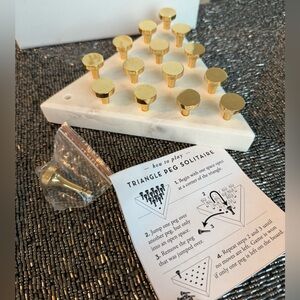 NEW ZGALLERIE Gold Triangle Peg Solitaire Game With White Marble Base